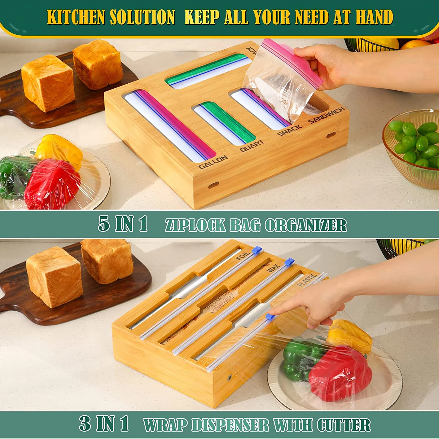 9 in 1 Bamboo Ziplock Bag Storage Organizer Foil and Plastic Wrap Organizer Dispenser With Cutter