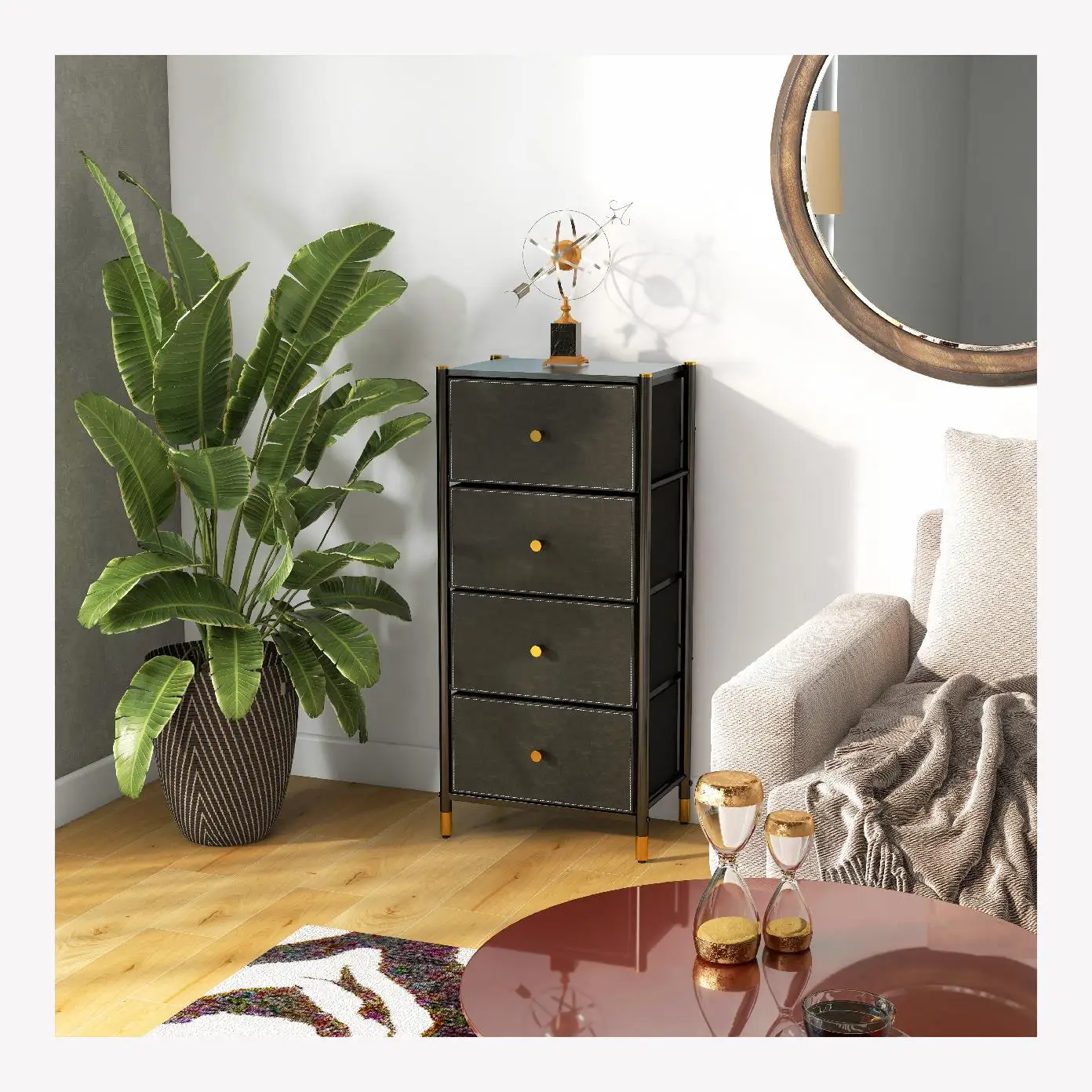 China Direct Factory Black Chest Of Drawers Sturdy Steel Frame Living Room Metal Fabric Storage Cabinet