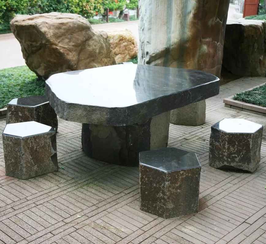Handcrafted Outdoor Decorative Natural Rock Stone Dining Black Basalt Square Table and Solid Stool Set Statue for Garden