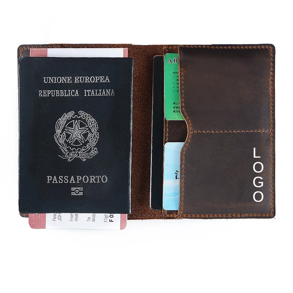 Crazy Horse Skin Passport Clip Document Layer Cowhide Vintage Boarding Card Leather Clip Multifunctional Leather Passport Holder
