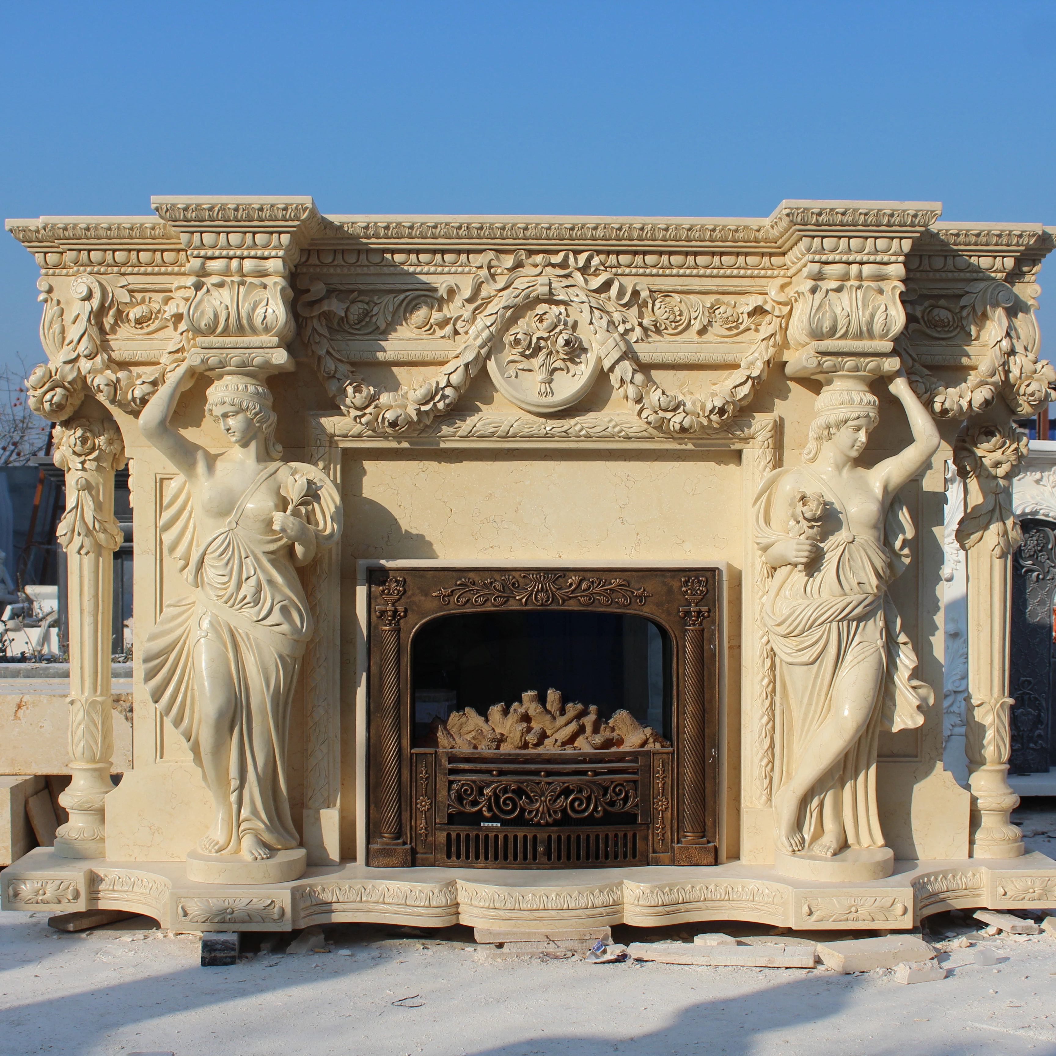 Hand Carved Figures Stone Simple Style Art Craft Natural Marble Fireplace