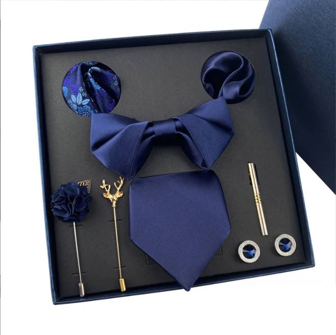 Набор мужских галстуков 8 шт./компл. уникальный дизайн галстук-бабочка носовой платок запонки брошь в подарочной коробке Шелковый однотонный галстук подходит для свадебного подарка