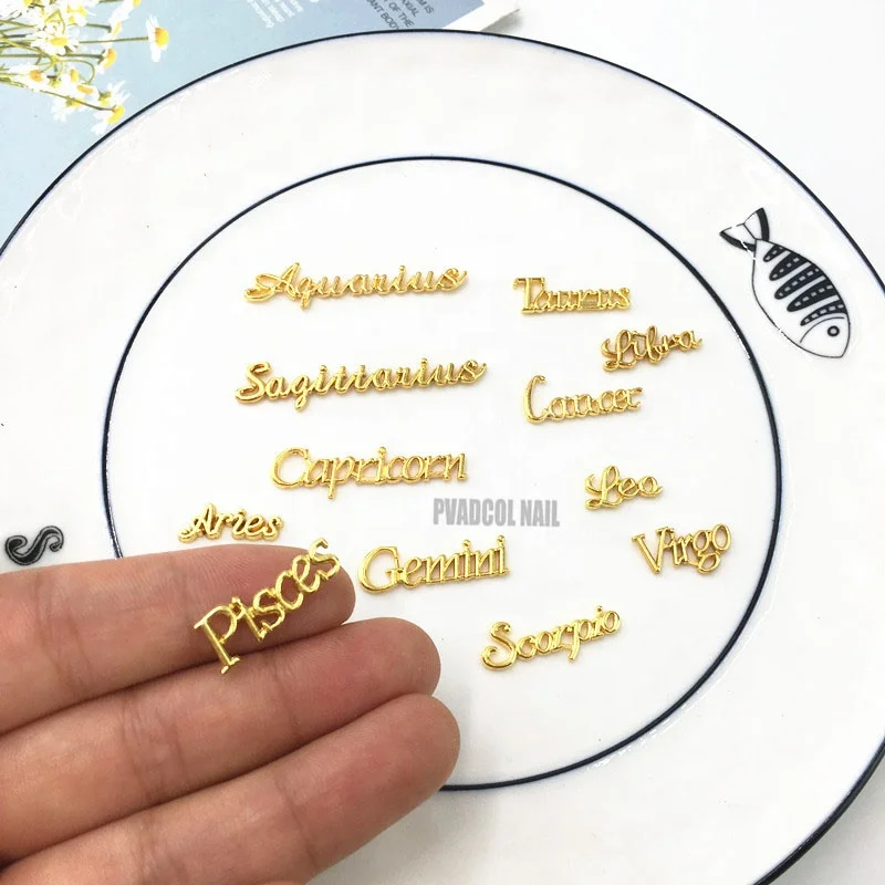 12pcs Nail Art Charm 3D Alloy Gold Constellation Letters Shape Crystal Rhinestone Press On Tips Decoration