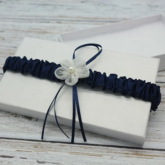 Navy Blue Ribbon Garter With Lace,Pearl Organza Lovely Flower Elastic Wedding Garter Set