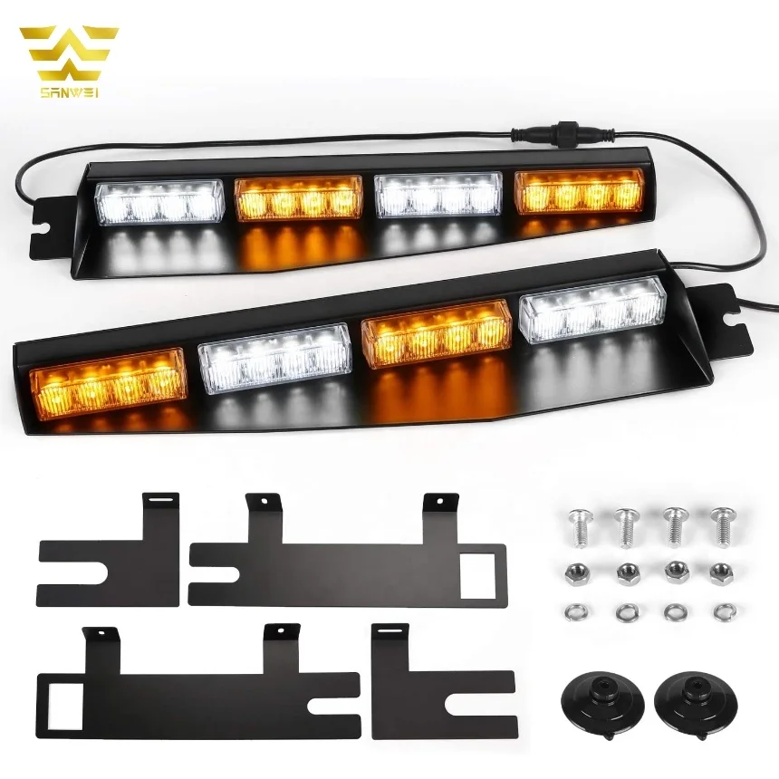Amber White 32 LED Visor Light for Vehicle Windshield Emergency Hazard Warning Strobe Beacon Light Split Mount Deck Dash Lamp