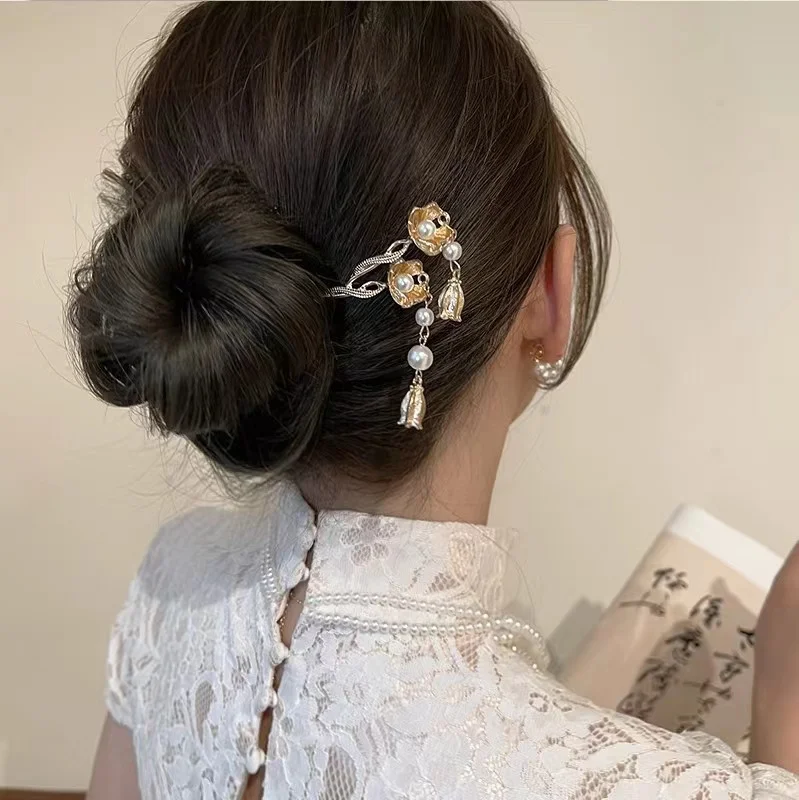 Shuoyang Factory Pearl Pendant Hairpin Ancient Style Advanced Iris Flower Hairpin Advanced Temperament Hairpin