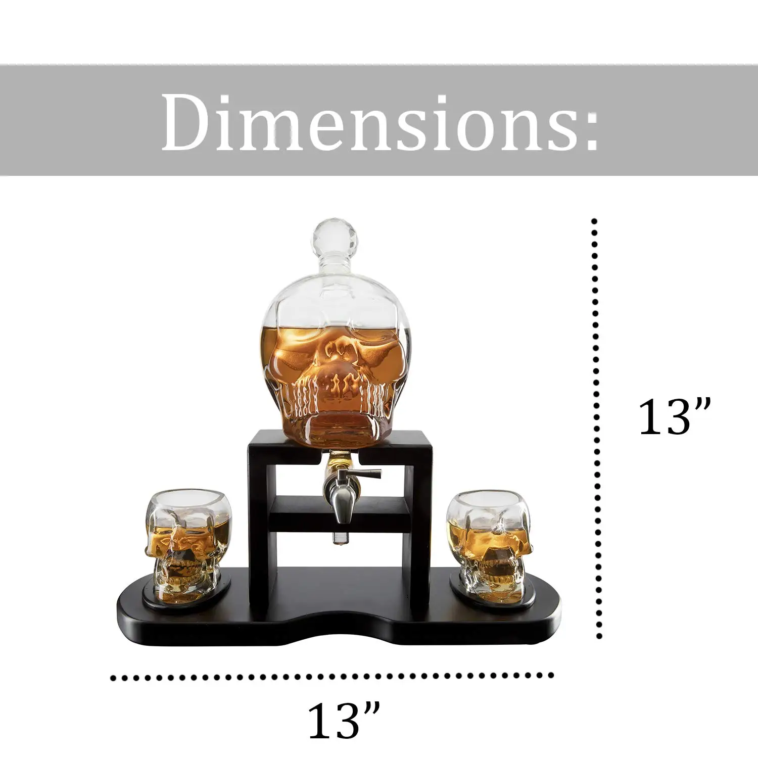 Amusing Wholesale 2pcs Skull glasses Wooden Base Skull Whiskey Decanter Set with Spigot