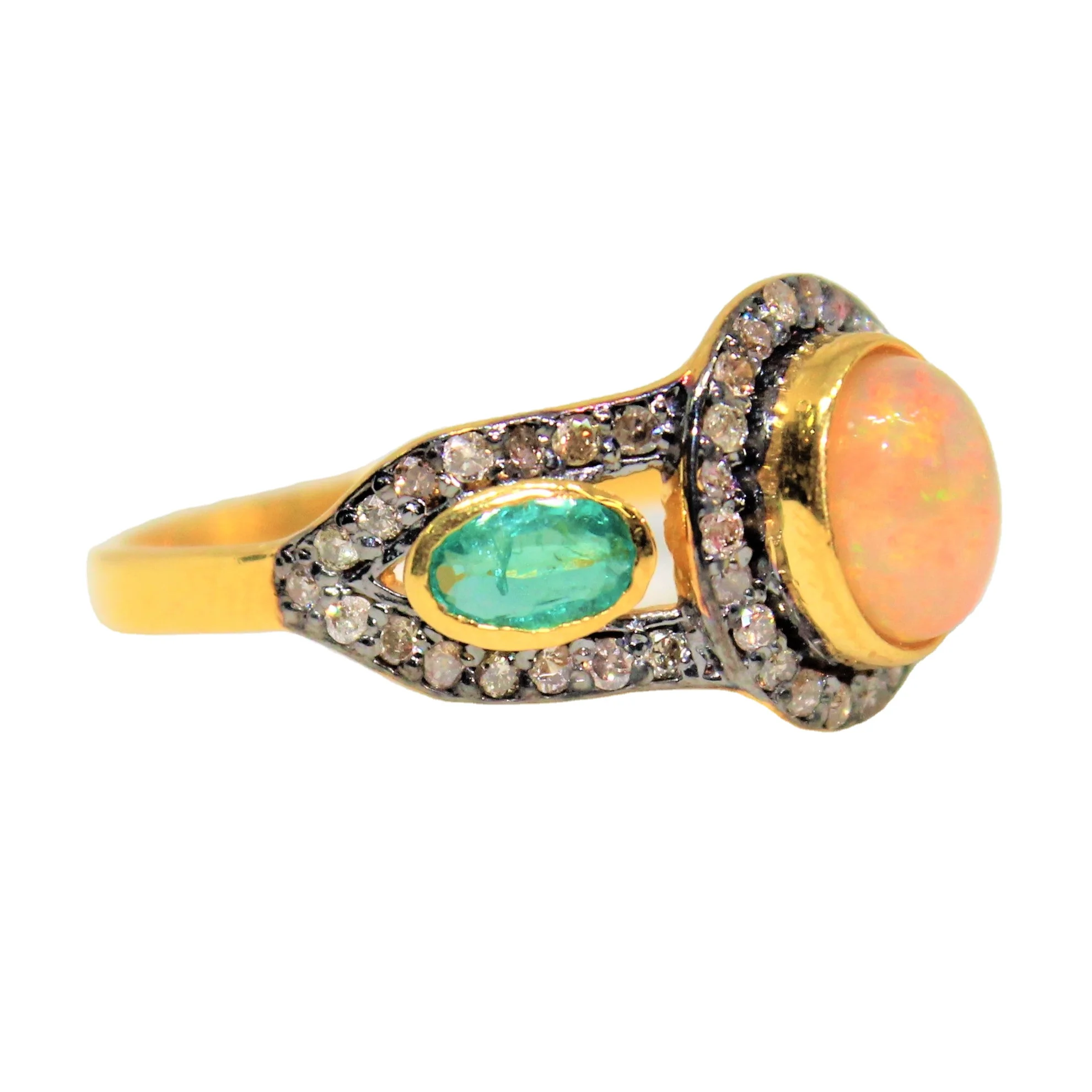 New Latest Designer Full Cut Diamond and Gemstone Jewelry Ethiopian Opal and Emerald Wedding Ring