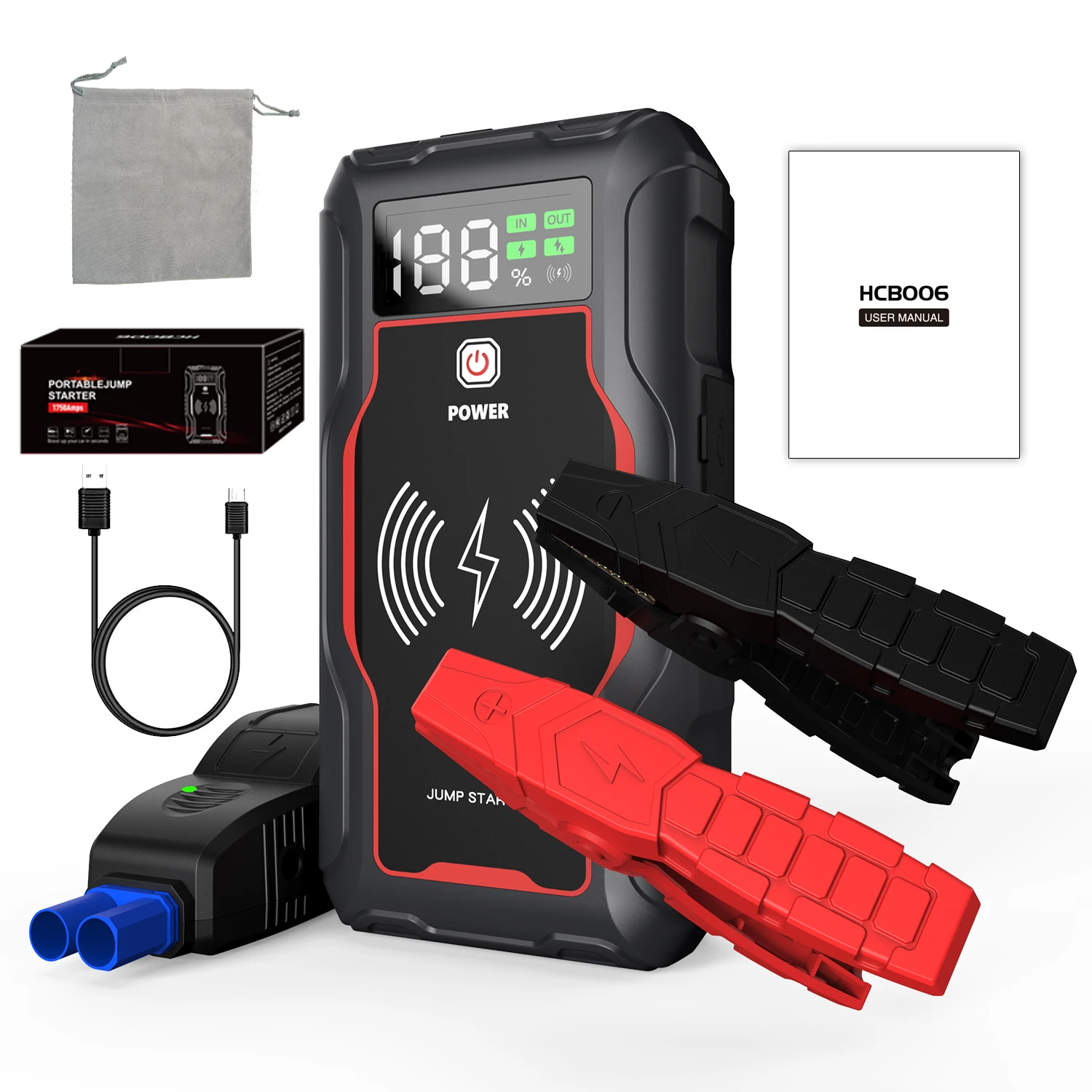 12800mAh 1750A Real Test Peak Current 12V Multi-function Portable Car Battery Booster With 7AWG Wire  Pure Copper Smart Clamp