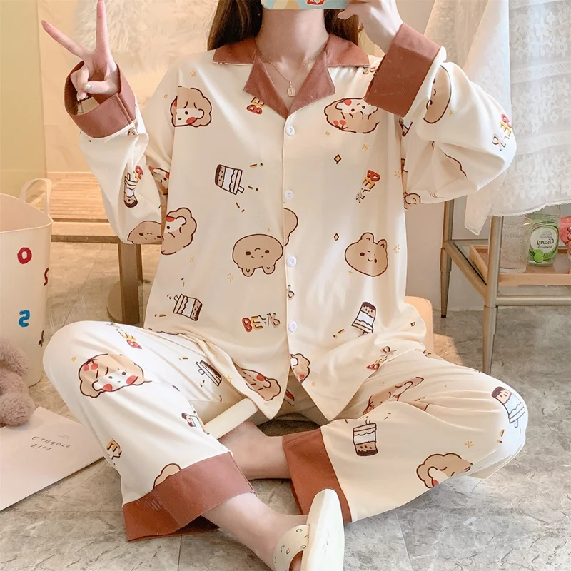 Hot selling Amazon Supplier ladies cartoon print milk silk whole pajamas long sleeve sleepwear women two piece sets