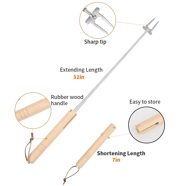 Wooden Handle Campfire Multi-use Telescoping and Fully Retractable Fork Telescopic Roasting BBQ Forks for Grill