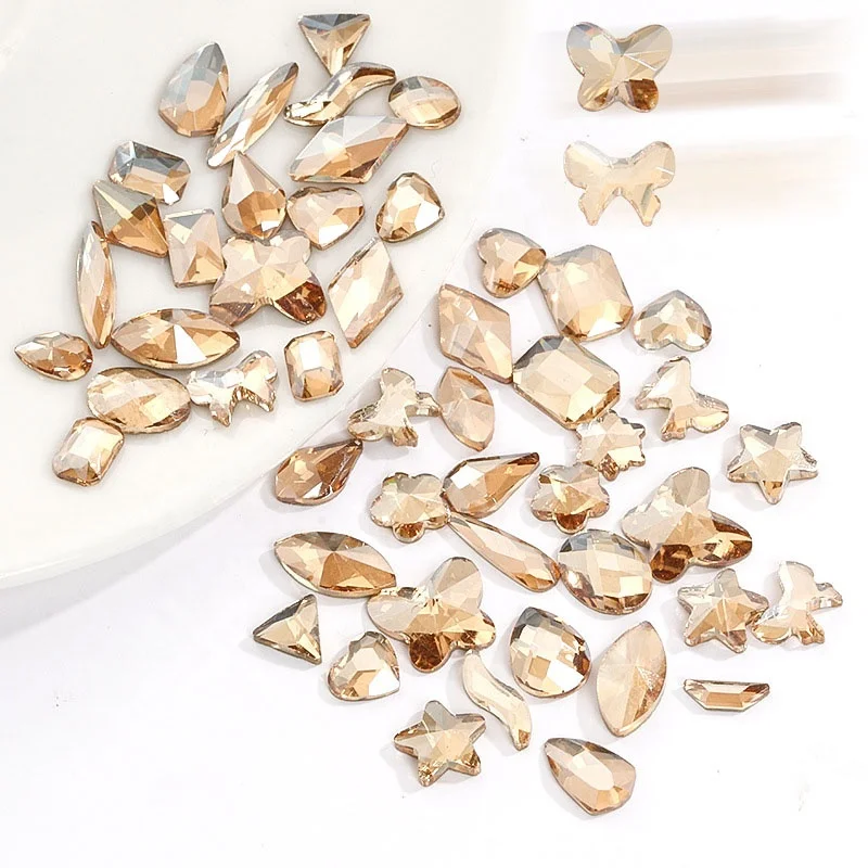 HOT SALE Gold Champagne Special shaped nail glass rhinestone with flat bottom 100 pcs/bag