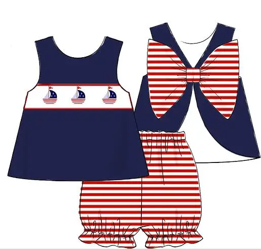 Latest spring summer kids clothes sailing embroidery short two-piece set custom baby girls boys cute sibling matching outfits