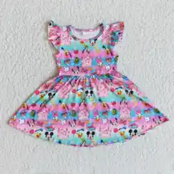 cute style cartoon printing flutter sleeve summer girl dress baby clothes