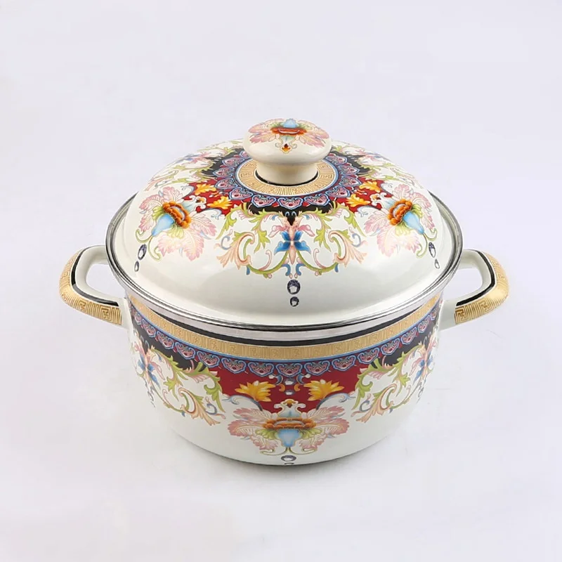 Enamel High Pot Stock Pot Enamel Casserole with Tube Handle Knob Glass Lid Cover 16/18/20/22/24/26cm Ollas de peltre Pewter