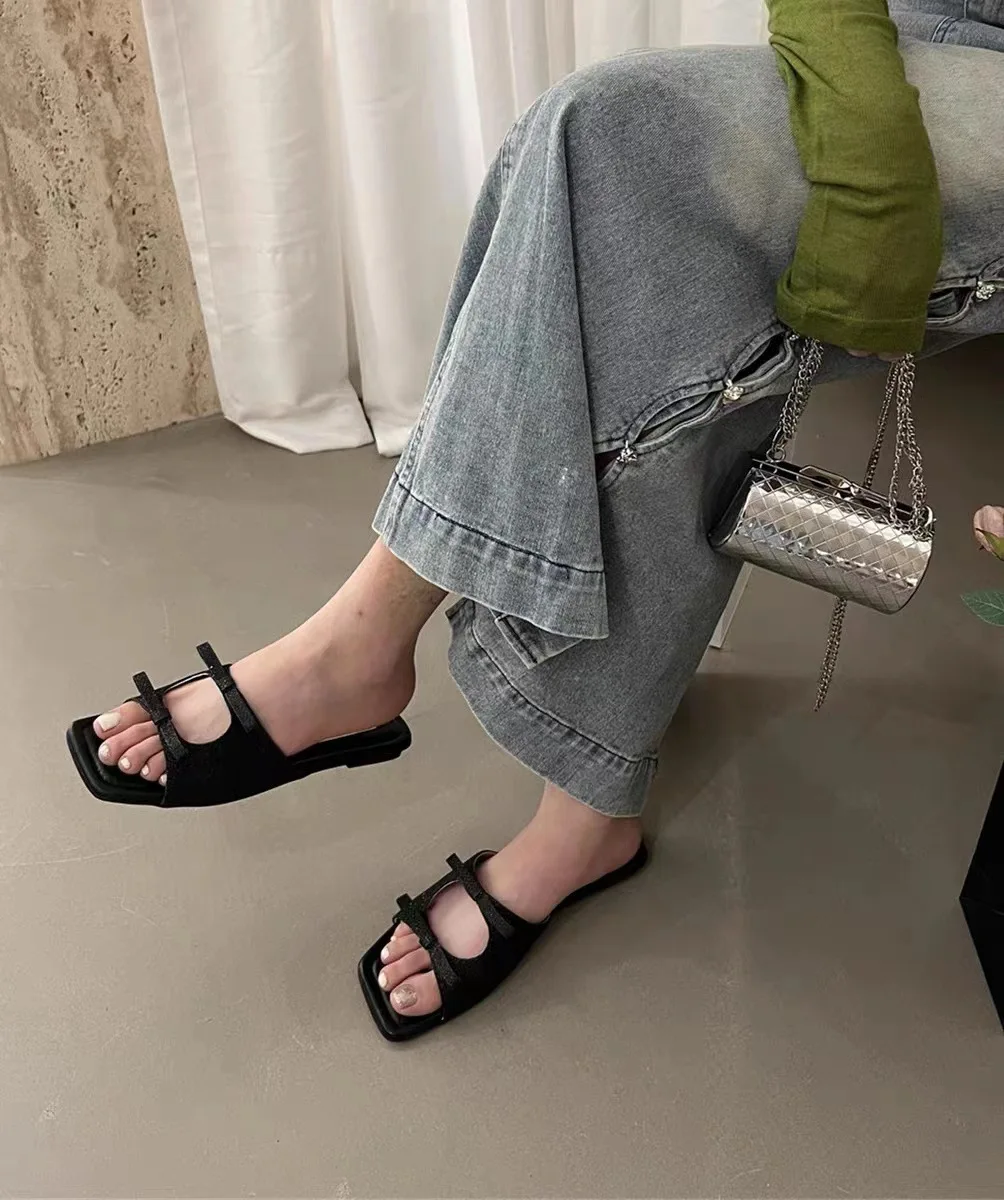 French bow flat slippers for women 2024 new summer vacation beach sandals sexy casual open toe shoes