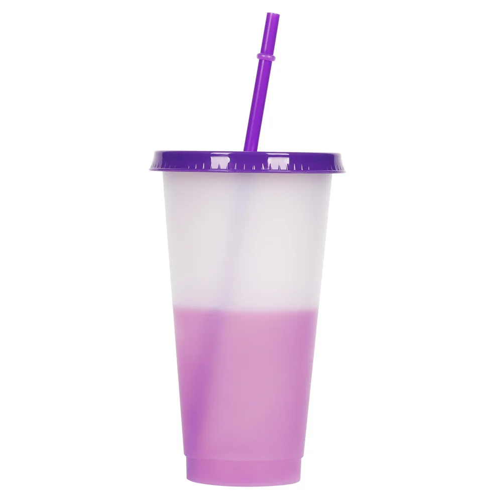 24oz 710ml 10 Pcs Colored Set Reusable Plastic Coffee Cup Set Magic Mug Cold Water Color Changing Cup with Lid and Straw