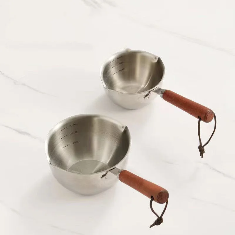 Small Stainless Steel Oil Splashing Pot With Anti-scald Wood Handle Mini Milk Pan For Dripping Oil Pouring Pot