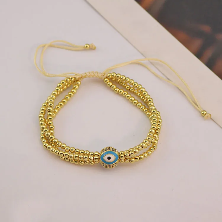 BC3037 Triple Layer Multi-row 3mm Tiny 18K Gold Plated Ball Beaded CZ Pave Enamel Evil Eyes Bead Macrame Bracelets for Women