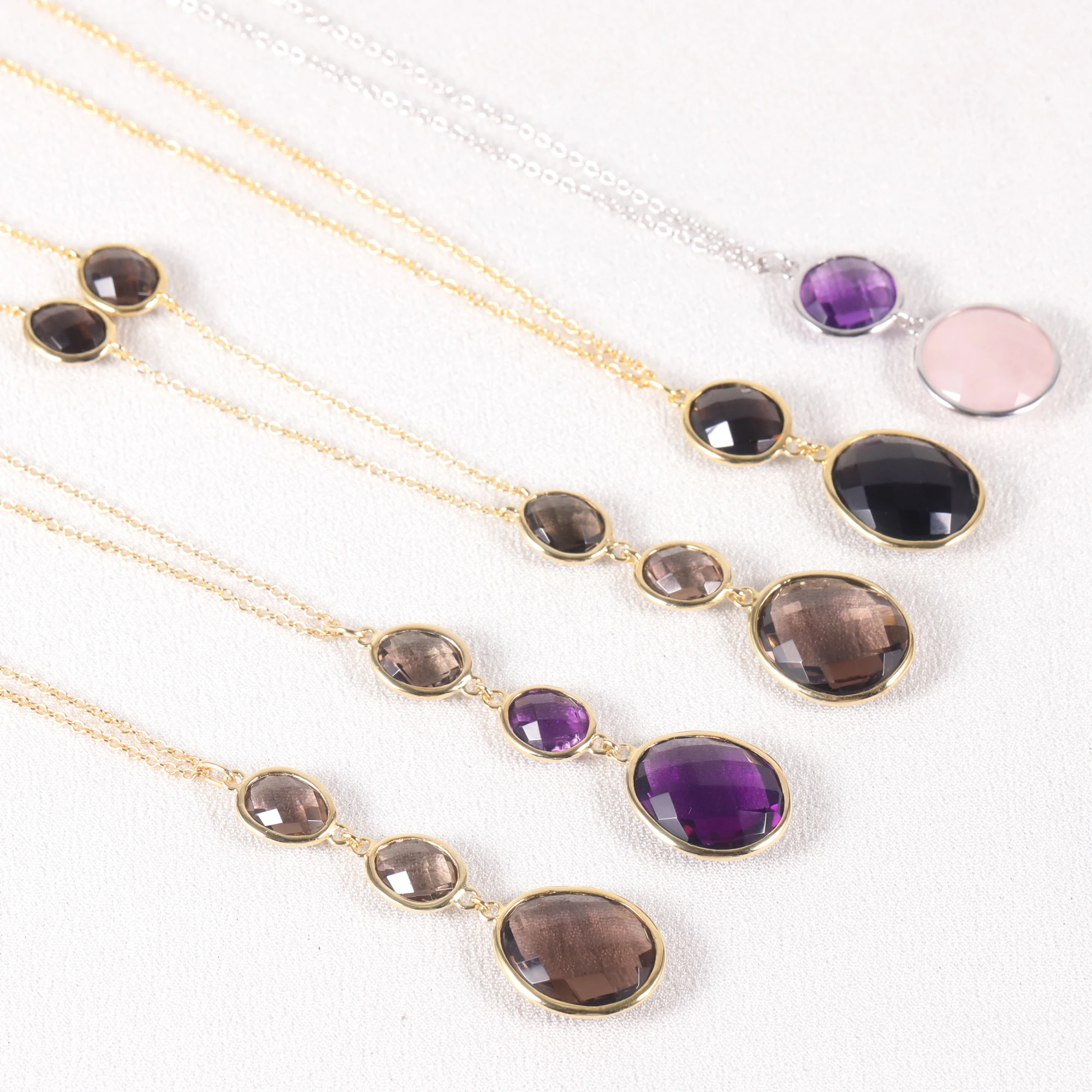 Abiding Latest Designs Natural Amethyst Rose Quartz Gemstone 925 Sterling Silver Adjustable Long Chain Sweater Necklaces