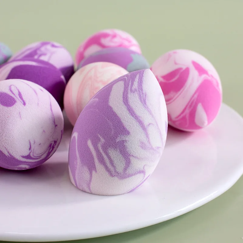 Private Label Soft Pink and White Marble Water Drop Beauty Sponge Blender 1 Sided Cut Mixing Color Makeup Blending Sponge