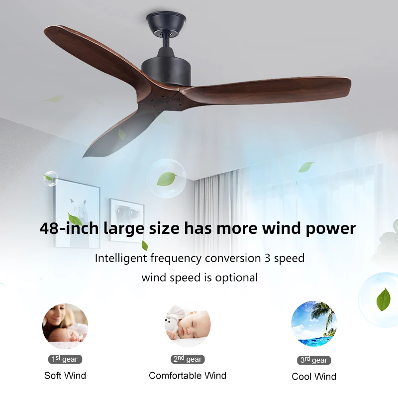 New Style 3 Solid Wood Blades 48inch Pure Copper AC Motor Remote Control Home Ceiling Fan Light Electric Ceiling Fans With Lamp