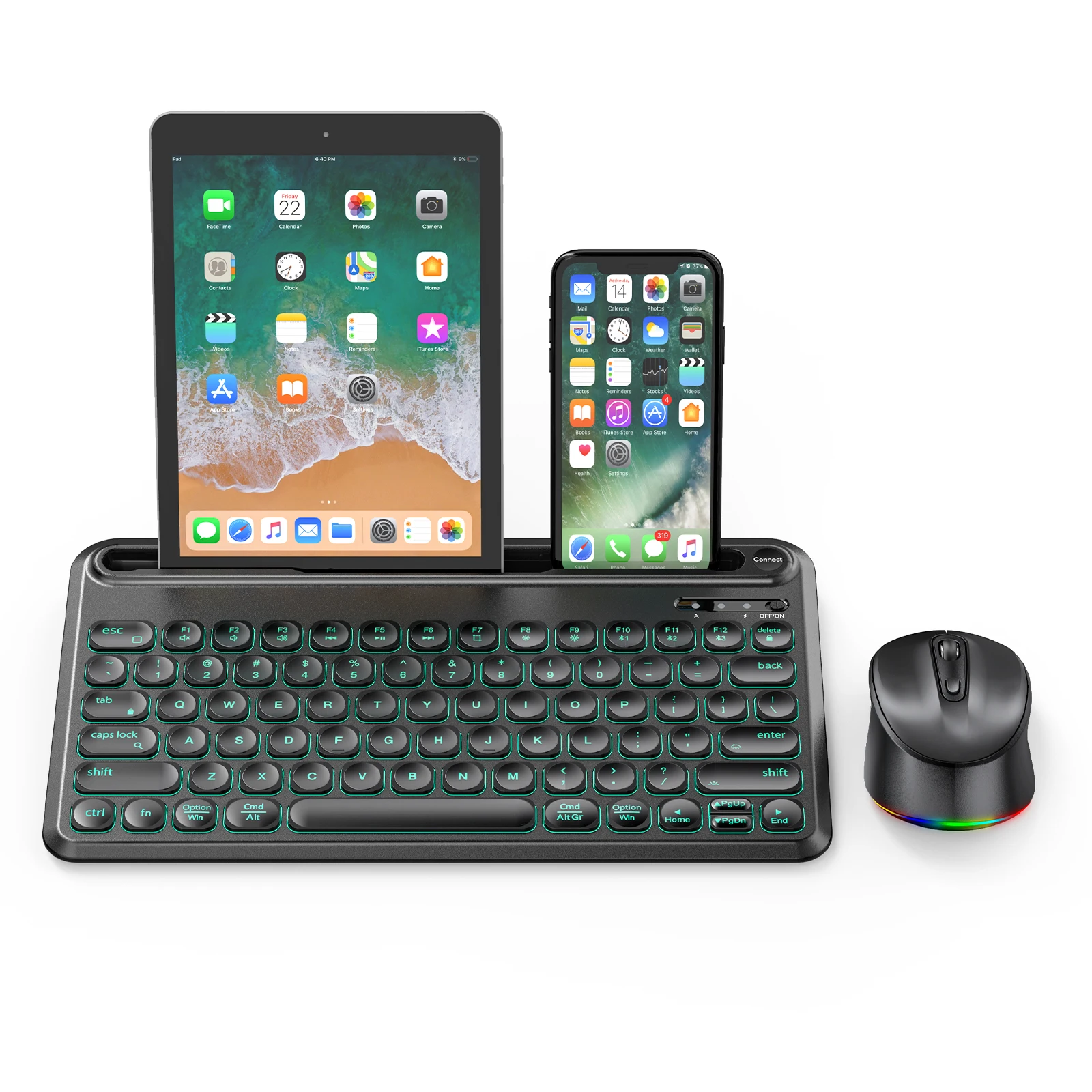Multi-Device Illuminated LED Backlight Keyboard RGB Mouse Mac iOS iPad Windows Android Backlit Wireless Keyboard and Mouse Combo