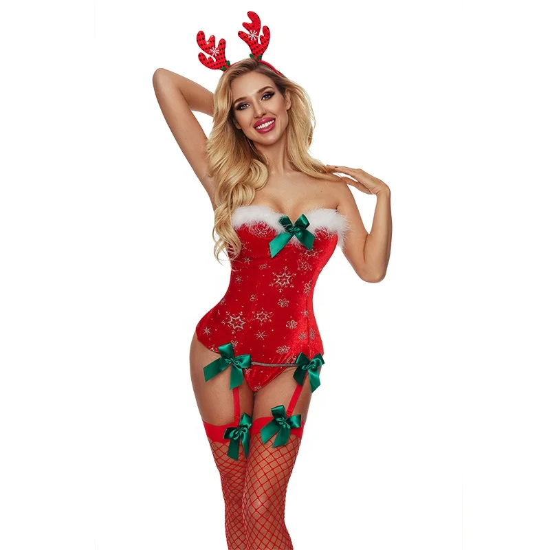 Mature women off shoulder erotic red sexy christmas lingerie for christmas party