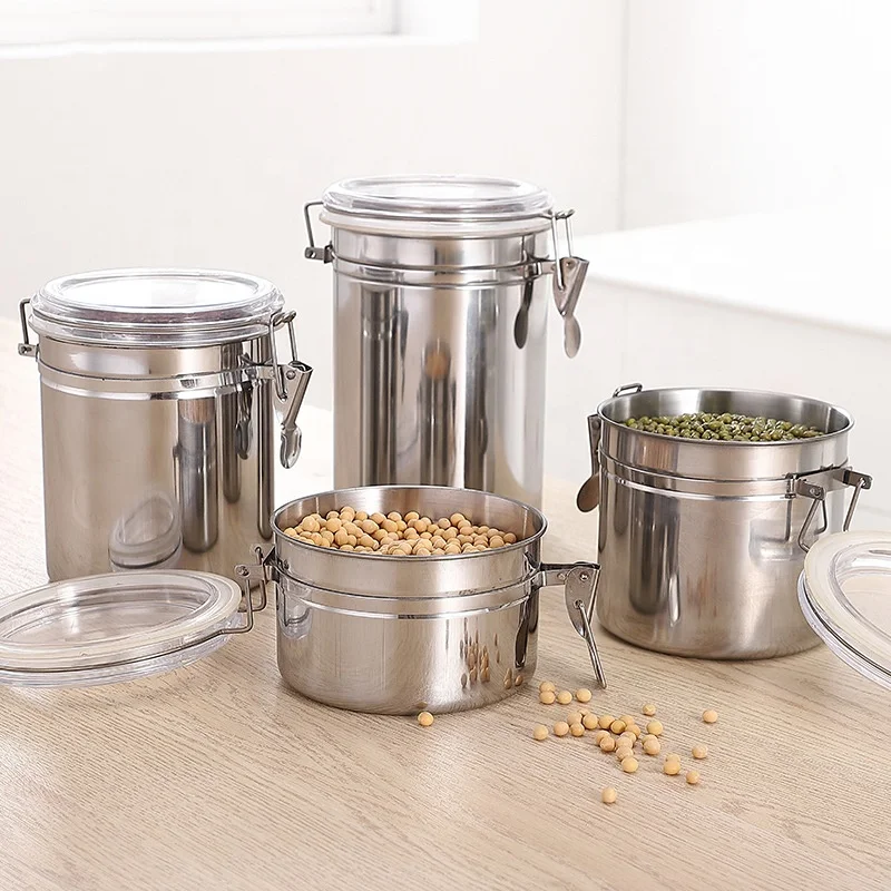 410 Stainless Steel Household kitchen Food Container Set seal pot with lock clip top lids