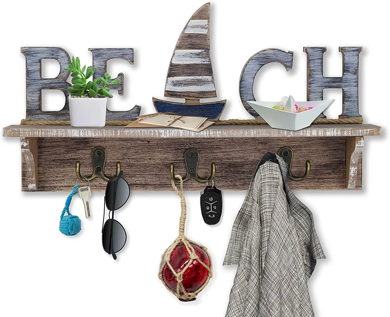 Beach Wall Decor Coastal Home Decor Key Holder for Wall Mounted Coat Rack with Shelf Beach Nautical Decor Key Hook Wall Shelf