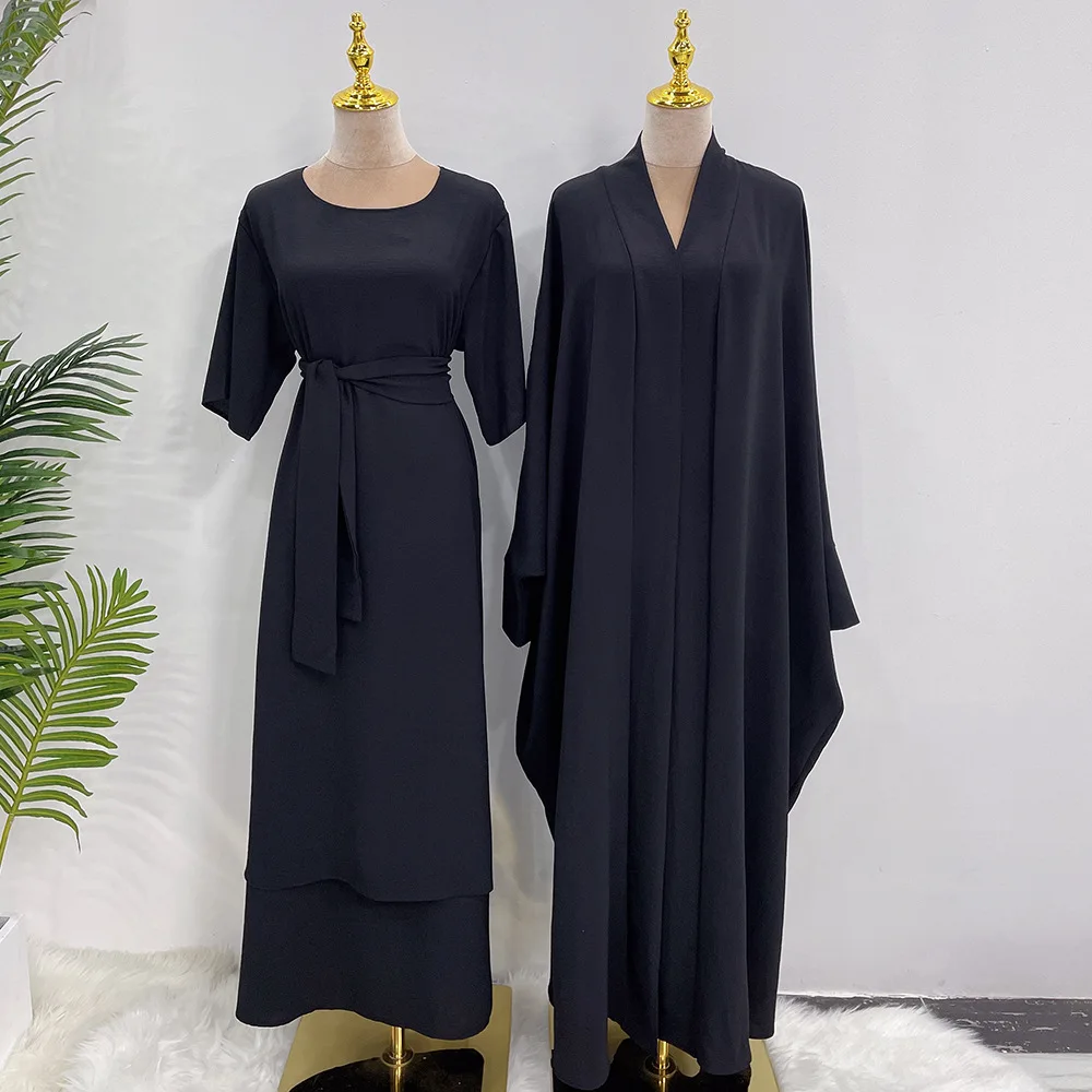 2 piece Muslim Islamic Clothing Suite Ramadan Modest Wear 2 layers Slips Match Open Abaya Crepe Jazz Abaya Set