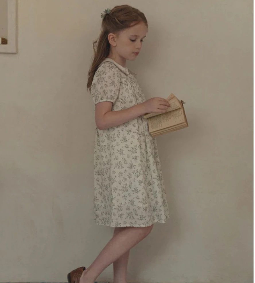 European vintage style toddler girl floral cotton puff sleeve princess bow dress