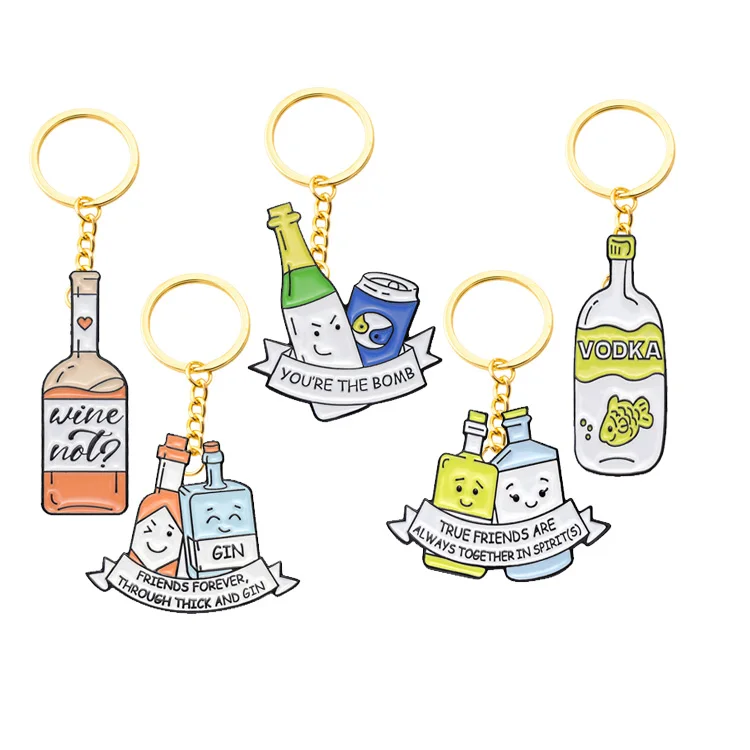 Wholesale Manufacture Wine Bottle Enamel Keychain Custom Logo Cartoon Soda Series Brooch Interesting English   Key chain Keyring