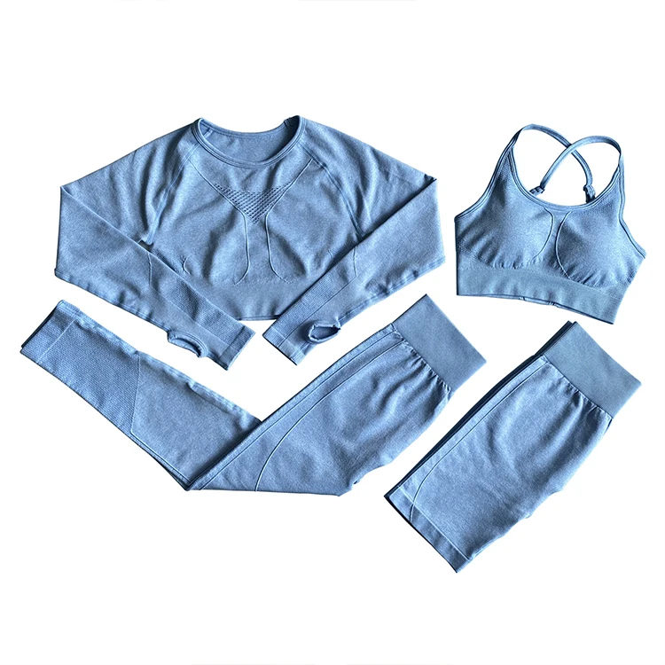 Seamless Yoga Long Sleeve Crop Top High Waist Legging Gym Set Sports Bra Biker Shorts Fitness 4 Pieces Set For Women