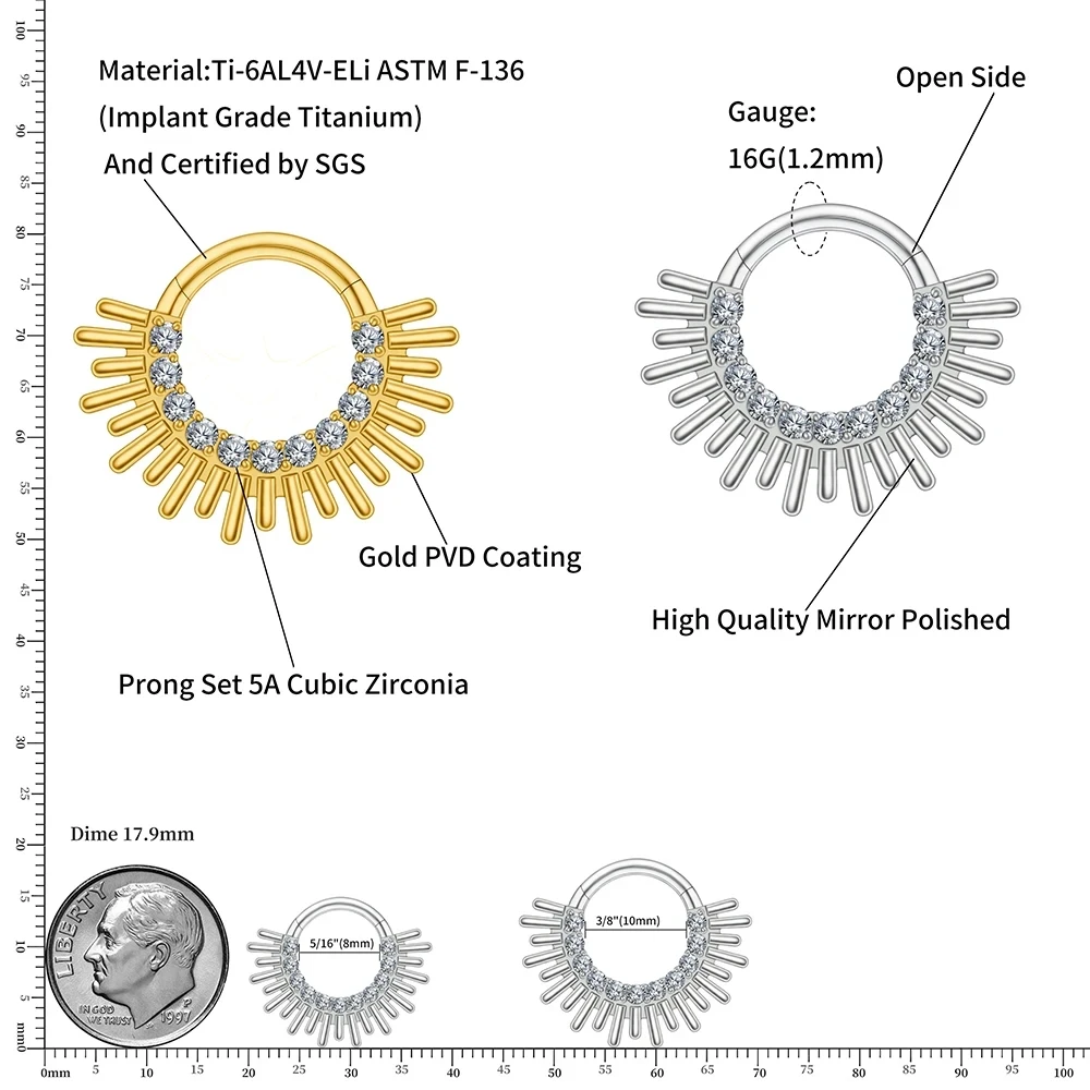 Gaby astm f136 d shaped piercing de titanio 14k gold clicker opal golden nose ring horse shoe septum  titanium piercing jewelry