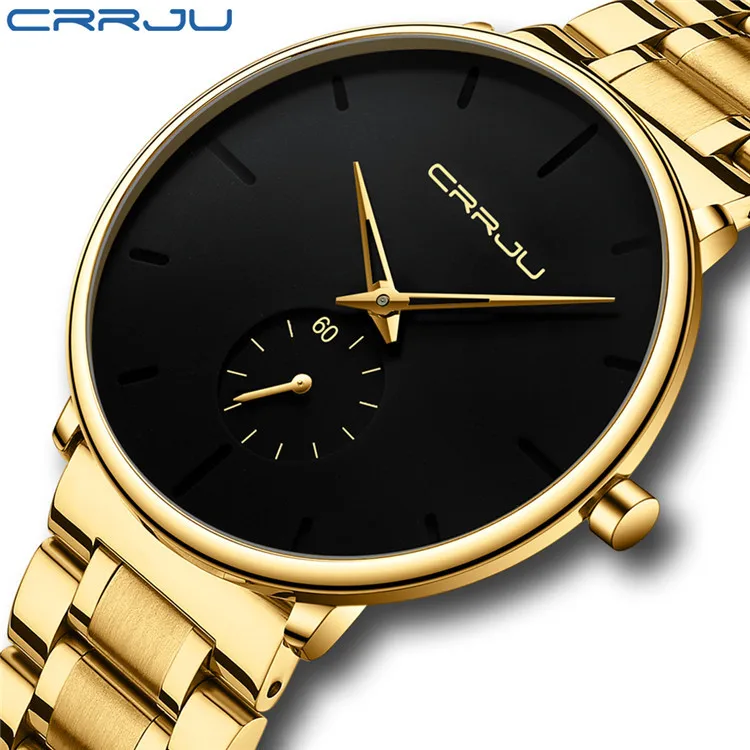 CRRJU 2150 Gold Stainless Steel Minimalist Male Analog Clock Waterproof Quartz Wrist Watch Classic Men Luxury Brand Watches
