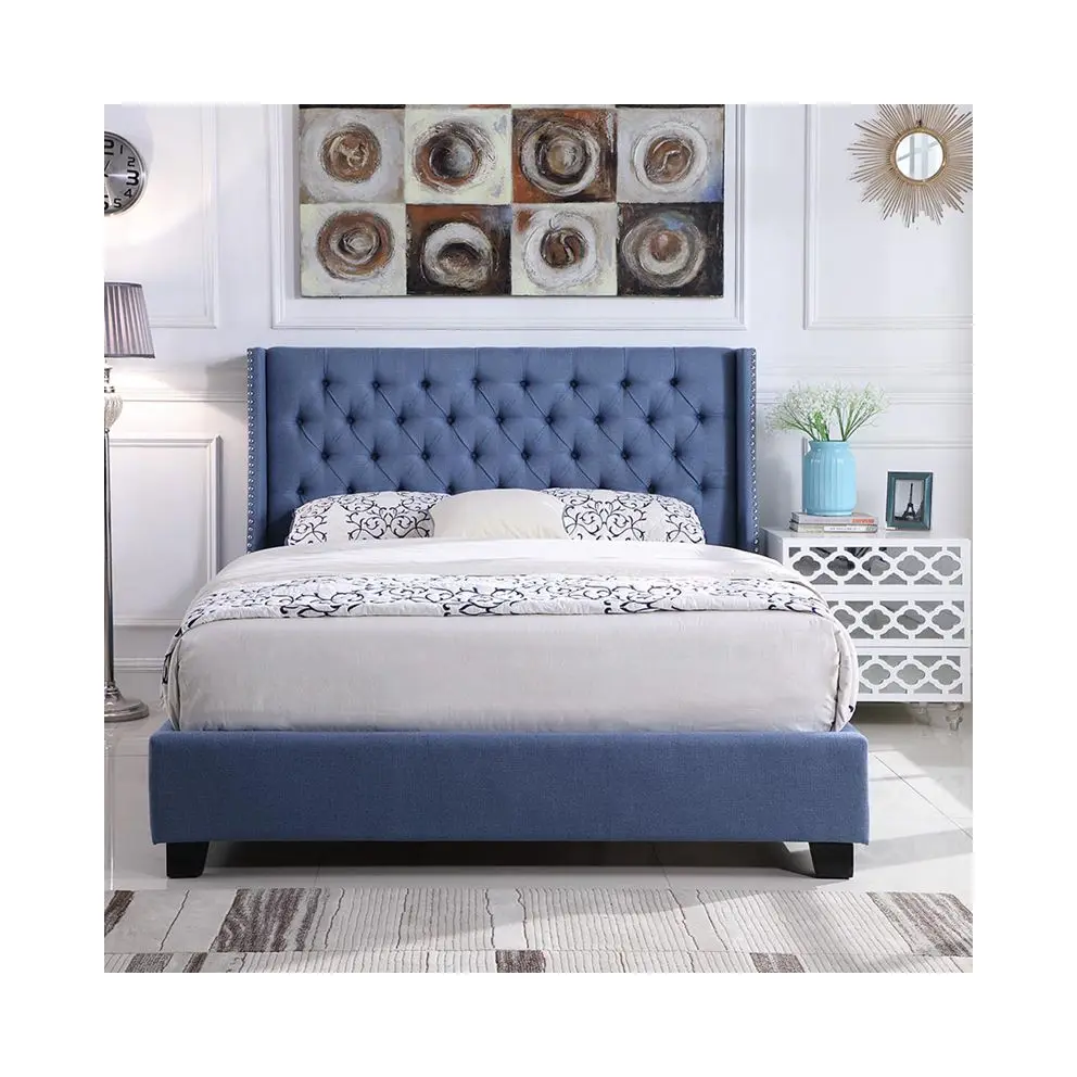 Hot selling custom modern style tufted wing back bed velvet upholstered platform bed