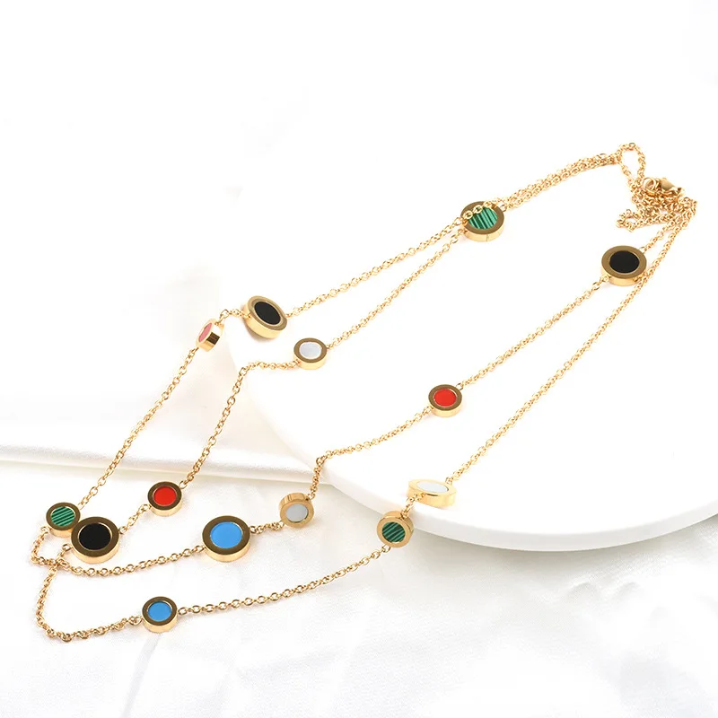 18K PVD Gold Plated Titanium Steel Trendy Layered Color Round Charms Satellite Fashion Necklace Jewelry For Women Girls
