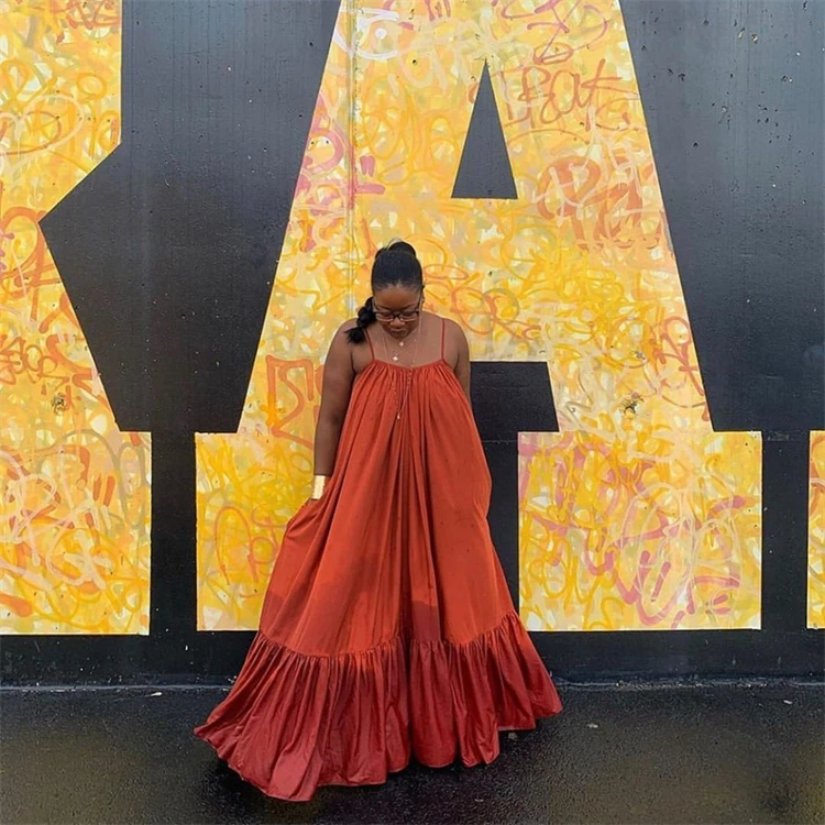 Hot selling European and American sexy strap sleeveless plus size solid color long sundresses