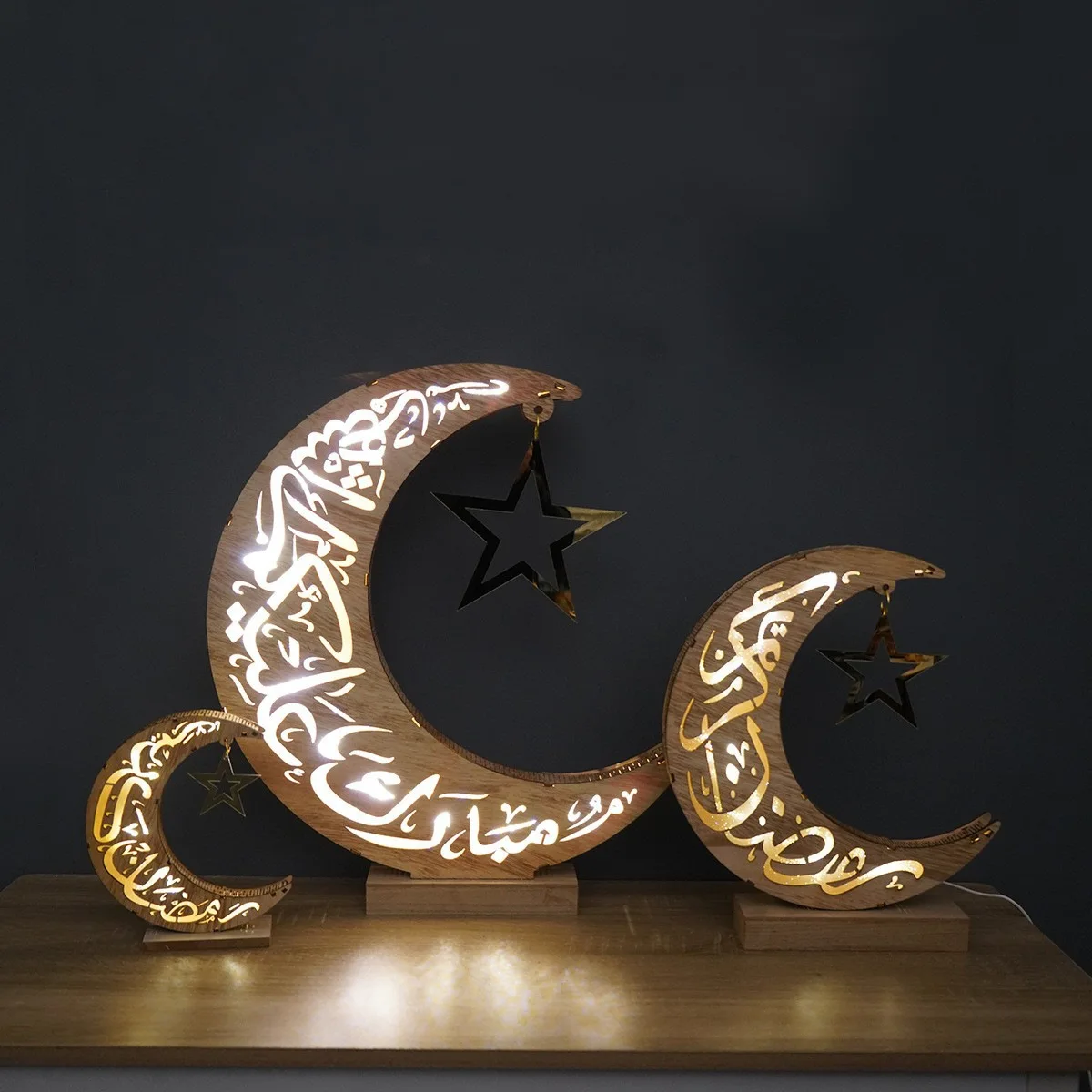 Nicro Middle Eastern Style Creative Hollow Decoration Crafts Led Wooden Moon Lamp Eid Mubarak Ramadan Festival Decoration