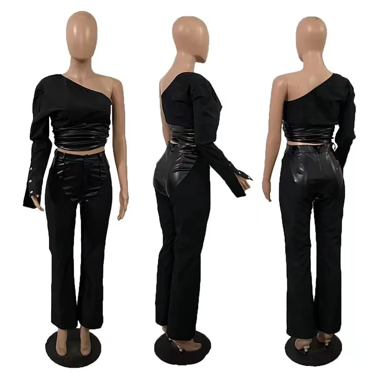 Sexy black leather patchwork two pieces pants set with oblique shoulder long sleeve crop top and straight-leg pants