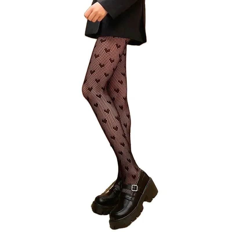Women Sexy Lace Pantyhose jacquard Pattern Tights Gothic Punk Lolita Hollow Out girl Fishnet black heart Mesh Stockings