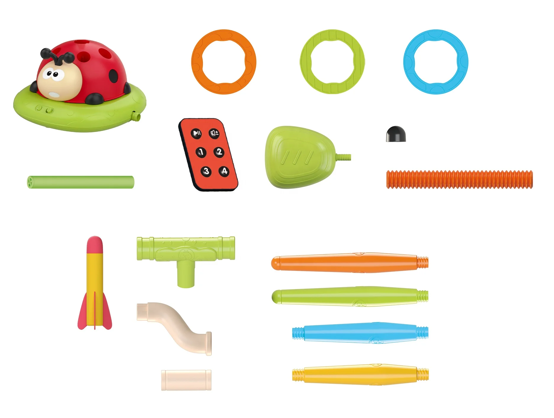 3-in-1 Multi-Game Entertainment Set for Kids - RC Ladybug Machine, Rocket Launcher, and Ring Toss Jump Toys