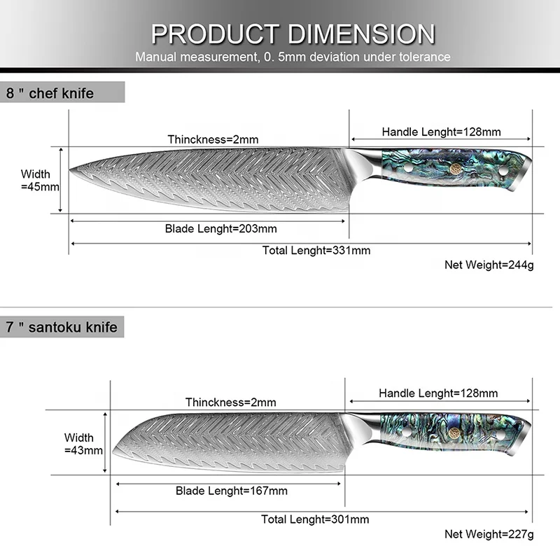 5PCS Damascus Steel Set Damascus VG 10 Chef Knife Set Japanese Santoku Knives with Exquisite Shell Abalone handle