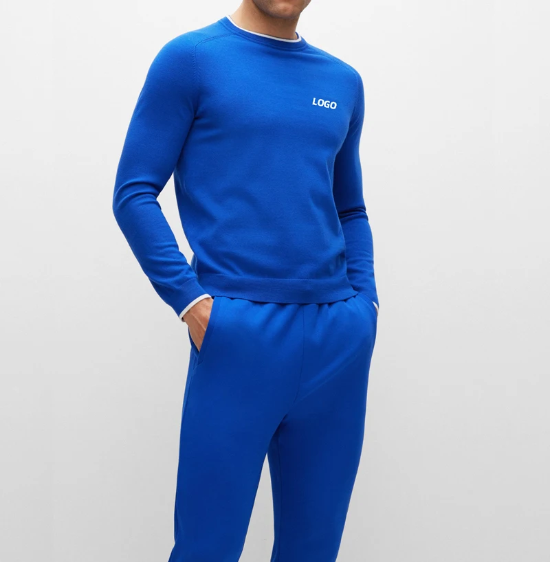 2024 Top Grade Men Luxury Royal Blue Sportswear Custom Logo Cashmere Knitted Warm Sport Sweater