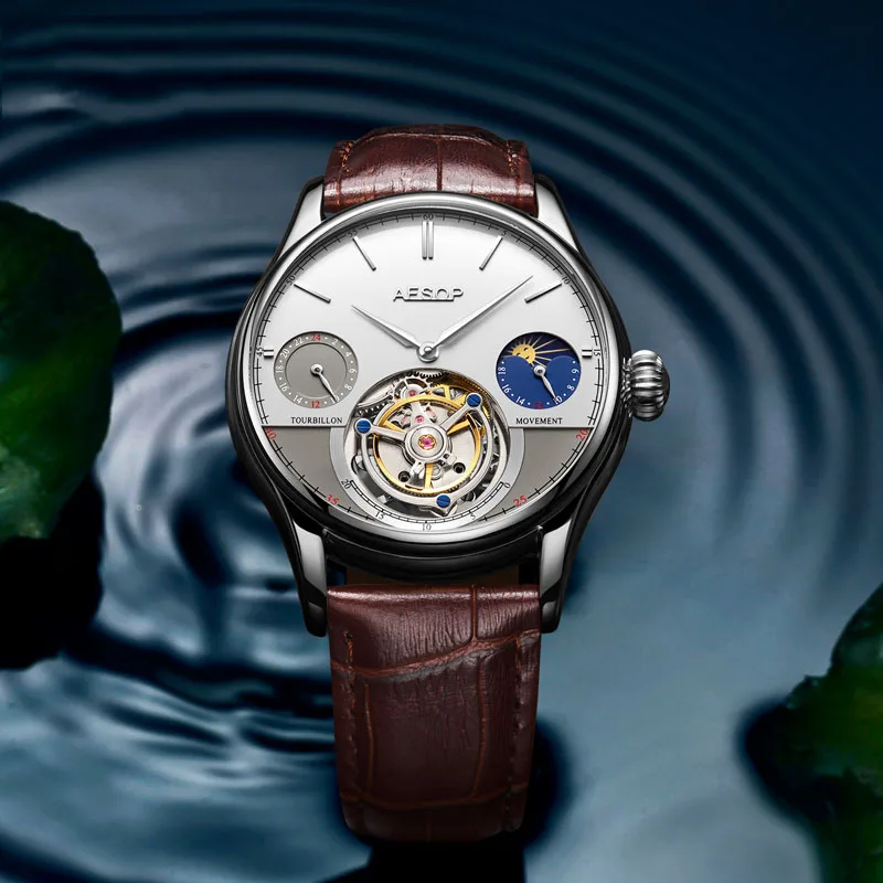 Best selling Multi functional original Gentuo flywheel movement fine steel black and white plate waterproof mechanical watch