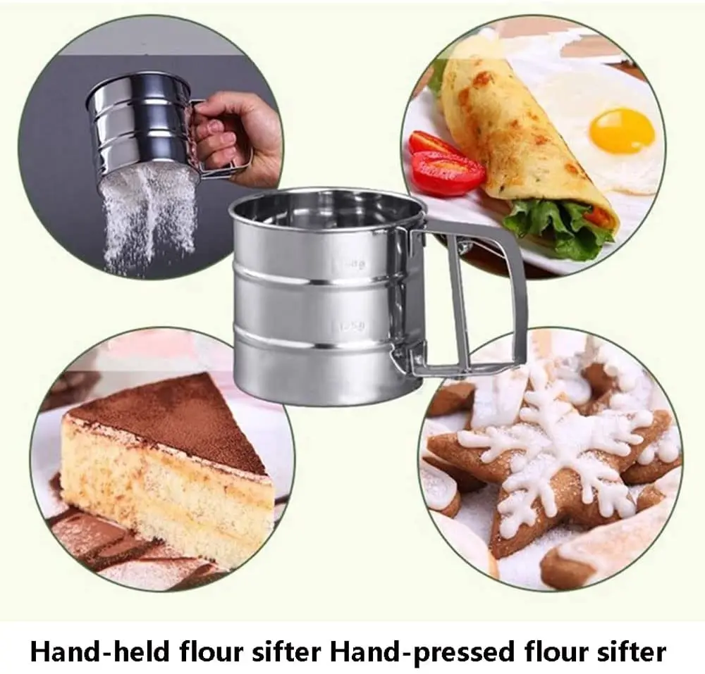 Stainless Steel Mesh Flour Sifter Mechanical Baking Icing Sugar Shaker Sieve Cup Baking Pastry Tools Powder Flour Sieve