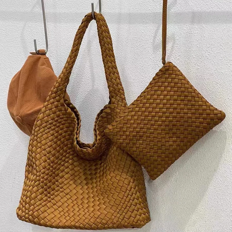 High Quality 2 pcs Set Women Daily Use Casual Large Capacity Woven Neoprene Tote Bag Handbags Ladies Luxury