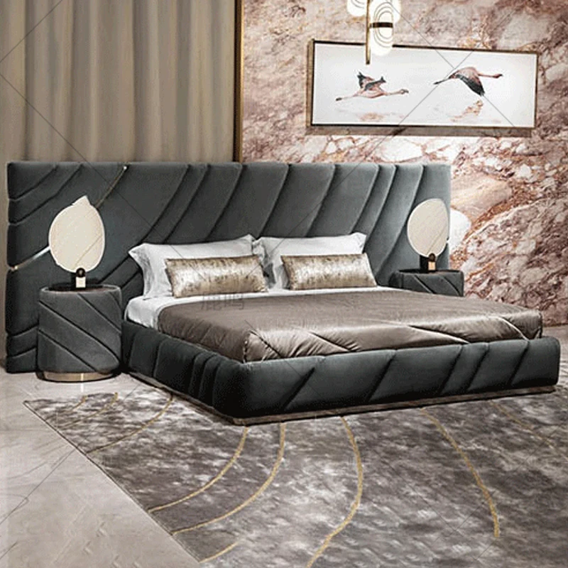 Итальянские современные новейшие дизайнерские кровати из мягкой кожи, размер King, 1,8 м, комплект двуспальной кровати, одеяло, мебель из искусственной кожи, Золотая легкая Роскошная спальня