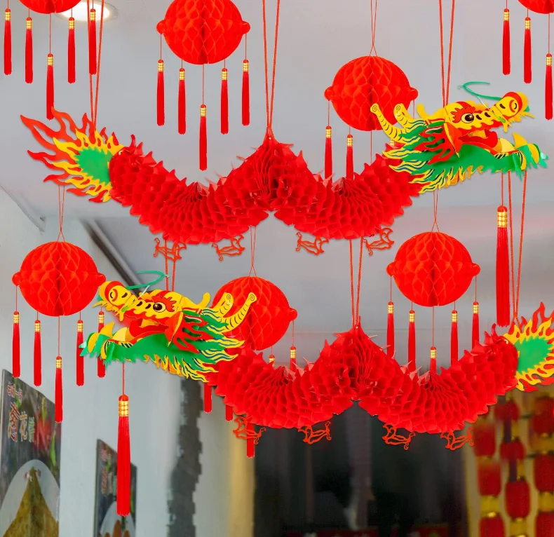 3D Chinese New Year Dragon Spring Festival Dragon Garland with Lanterns Hanging Decoration Lunar New Year Supplies 2m